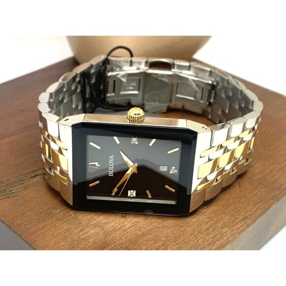 Bulova Men's Watch 98D153 Black Dial Diamond Accent Rectangle Two Tone Steel - Picture 9 of 15